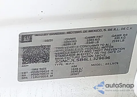 2020 Chevrolet Trax Fwd Lt из США, поврежденный, VIN 3GNCJLSB6LL329696